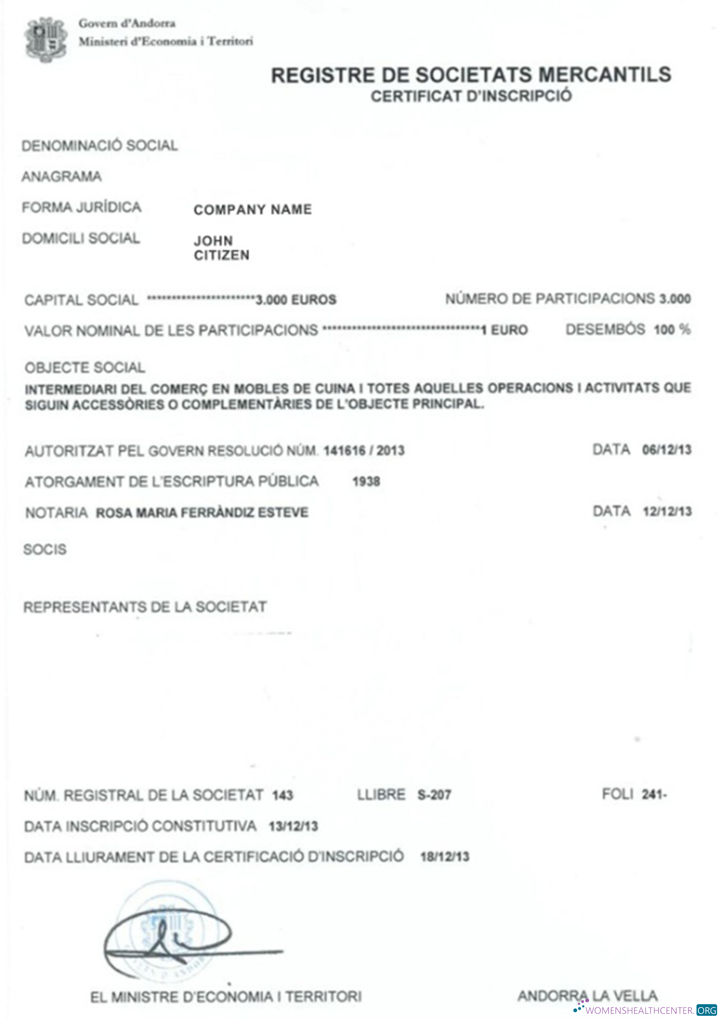 Download Andorra Business Registration Certificate Photoshop template